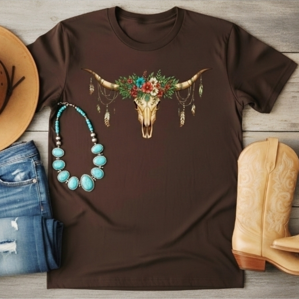 Boho Longhorn Skull Graphic Tee • Western Cow Skull Shirt • Floral Southwestern